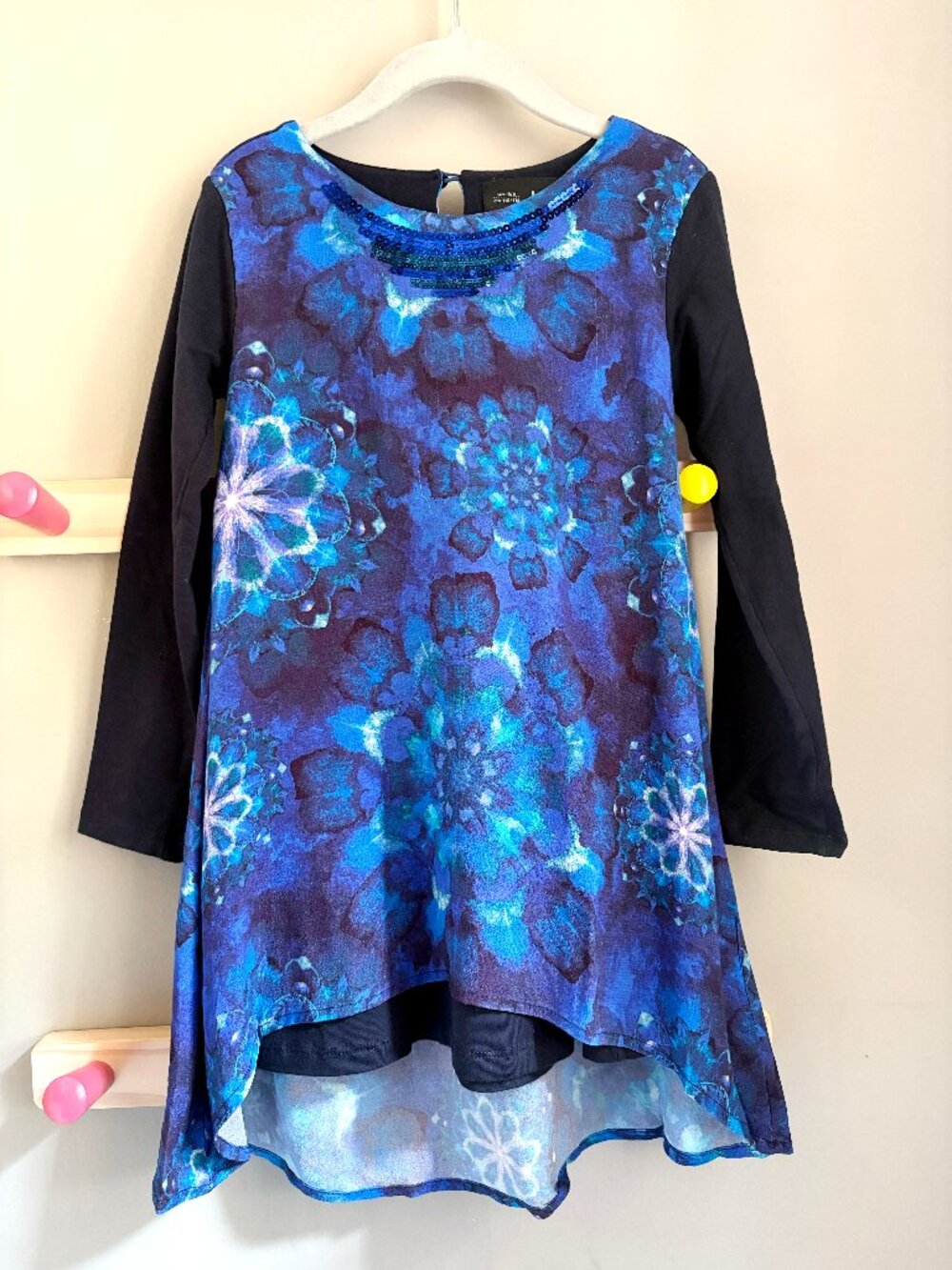 Desigual Blue Mandala Sequin High Low‎ Layered Long Sleeve Dress